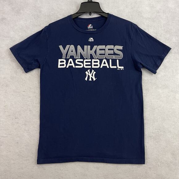 New York Yankees T Shirt Mens Large Slim Fit Navy Majestic MLB Baseball Team Tee - Picture 3 of 8